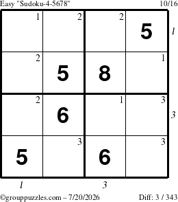 The grouppuzzles.com Easy Sudoku-4-5678 puzzle for Monday July 20, 2026 with all 3 steps marked