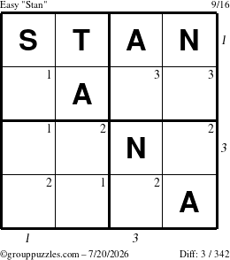 The grouppuzzles.com Easy Stan puzzle for Monday July 20, 2026, suitable for printing, with all 3 steps marked