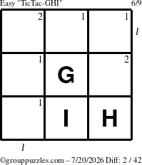 The grouppuzzles.com Easy TicTac-GHI puzzle for Monday July 20, 2026 with all 2 steps marked
