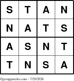 The grouppuzzles.com Answer grid for the Stan puzzle for Monday July 20, 2026