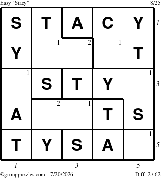The grouppuzzles.com Easy Stacy puzzle for Monday July 20, 2026, suitable for printing, with all 2 steps marked