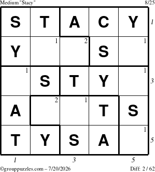 The grouppuzzles.com Medium Stacy puzzle for Monday July 20, 2026 with all 2 steps marked