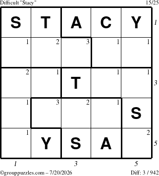 The grouppuzzles.com Difficult Stacy puzzle for Monday July 20, 2026, suitable for printing, with all 3 steps marked
