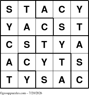 The grouppuzzles.com Answer grid for the Stacy puzzle for Monday July 20, 2026