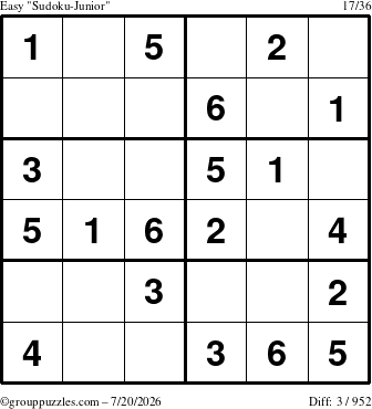 The grouppuzzles.com Easy Sudoku-Junior puzzle for Monday July 20, 2026