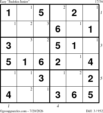 The grouppuzzles.com Easy Sudoku-Junior puzzle for Monday July 20, 2026, suitable for printing, with all 3 steps marked