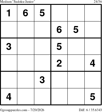The grouppuzzles.com Medium Sudoku-Junior puzzle for Monday July 20, 2026