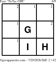 The grouppuzzles.com Easy TicTac-GHI puzzle for Monday July 20, 2026 with the first 2 steps marked