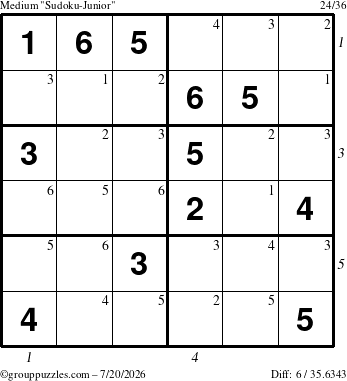 The grouppuzzles.com Medium Sudoku-Junior puzzle for Monday July 20, 2026, suitable for printing, with all 6 steps marked