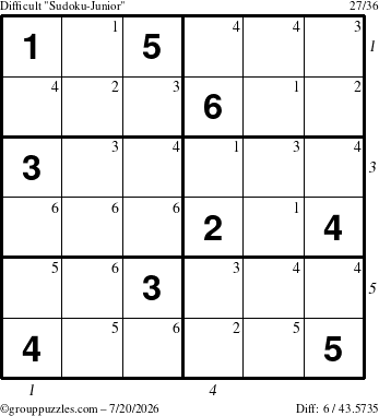 The grouppuzzles.com Difficult Sudoku-Junior puzzle for Monday July 20, 2026, suitable for printing, with all 6 steps marked