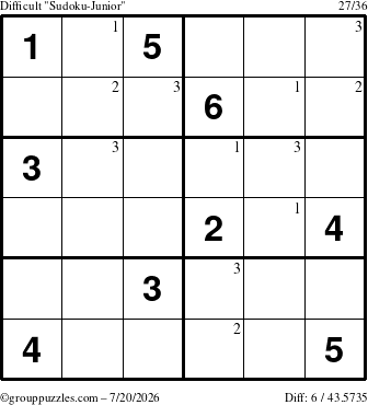 The grouppuzzles.com Difficult Sudoku-Junior puzzle for Monday July 20, 2026 with the first 3 steps marked