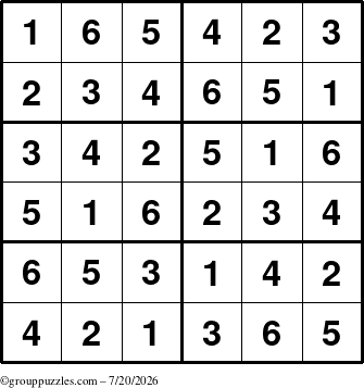The grouppuzzles.com Answer grid for the Sudoku-Junior puzzle for Monday July 20, 2026