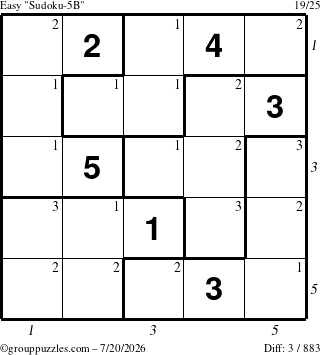 The grouppuzzles.com Easy Sudoku-5B puzzle for Monday July 20, 2026, suitable for printing, with all 3 steps marked