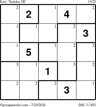 The grouppuzzles.com Easy Sudoku-5B puzzle for Monday July 20, 2026 with the first 3 steps marked