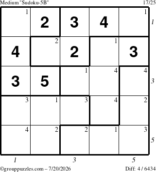 The grouppuzzles.com Medium Sudoku-5B puzzle for Monday July 20, 2026, suitable for printing, with all 4 steps marked