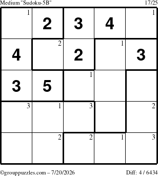 The grouppuzzles.com Medium Sudoku-5B puzzle for Monday July 20, 2026 with the first 3 steps marked