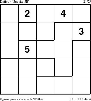 The grouppuzzles.com Difficult Sudoku-5B puzzle for Monday July 20, 2026