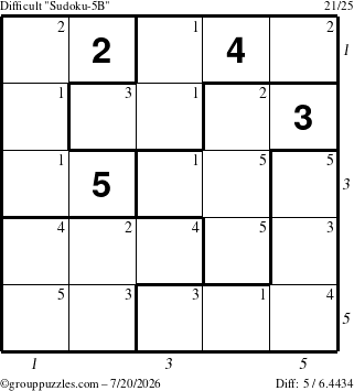 The grouppuzzles.com Difficult Sudoku-5B puzzle for Monday July 20, 2026 with all 5 steps marked