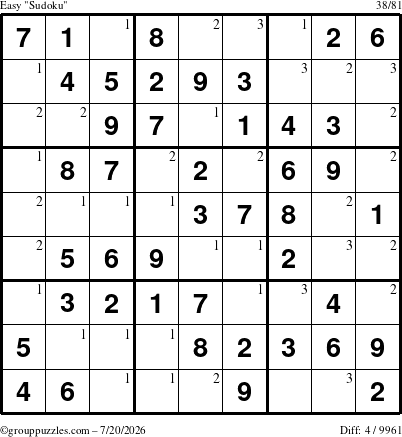 The grouppuzzles.com Easy Sudoku puzzle for Monday July 20, 2026 with the first 3 steps marked