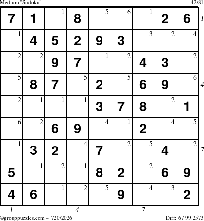 The grouppuzzles.com Medium Sudoku puzzle for Monday July 20, 2026, suitable for printing, with all 6 steps marked