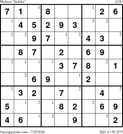 The grouppuzzles.com Medium Sudoku puzzle for Monday July 20, 2026 with the first 3 steps marked
