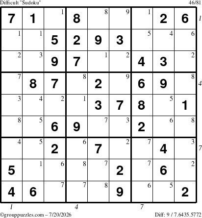 The grouppuzzles.com Difficult Sudoku puzzle for Monday July 20, 2026, suitable for printing, with all 9 steps marked
