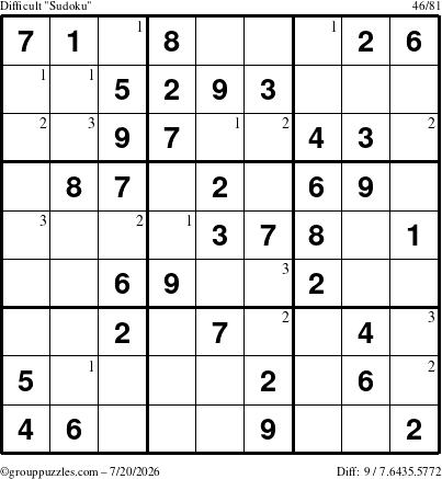 The grouppuzzles.com Difficult Sudoku puzzle for Monday July 20, 2026 with the first 3 steps marked