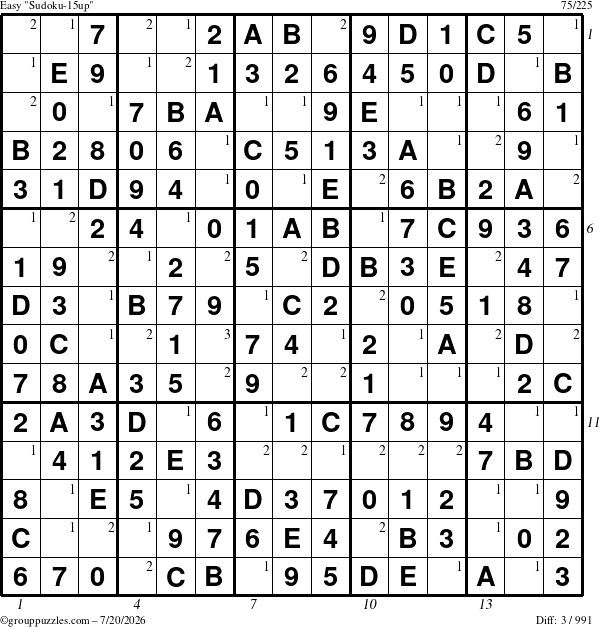 The grouppuzzles.com Easy Sudoku-15up puzzle for Monday July 20, 2026, suitable for printing, with all 3 steps marked