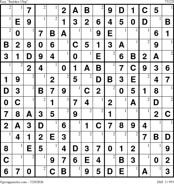 The grouppuzzles.com Easy Sudoku-15up puzzle for Monday July 20, 2026 with the first 3 steps marked