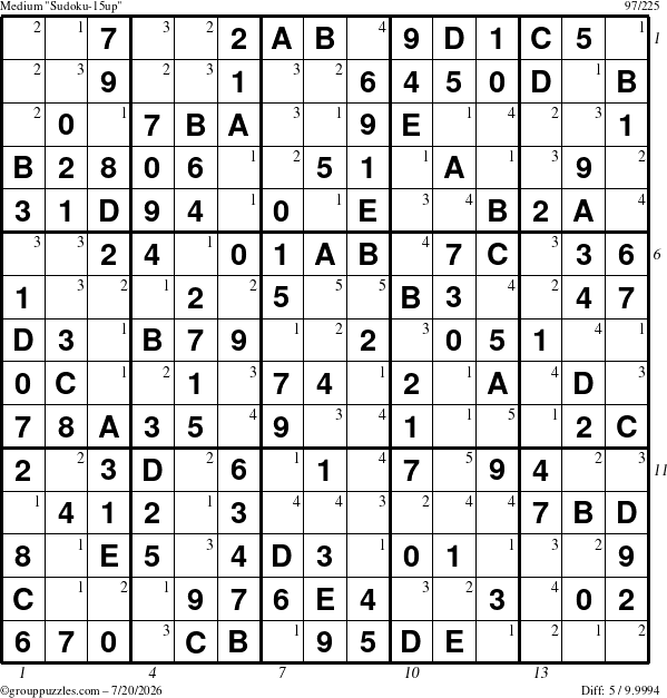 The grouppuzzles.com Medium Sudoku-15up puzzle for Monday July 20, 2026, suitable for printing, with all 5 steps marked