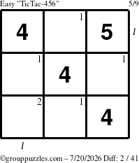 The grouppuzzles.com Easy TicTac-456 puzzle for Monday July 20, 2026, suitable for printing, with all 2 steps marked