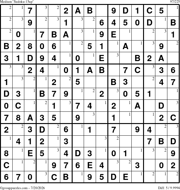 The grouppuzzles.com Medium Sudoku-15up puzzle for Monday July 20, 2026 with the first 3 steps marked