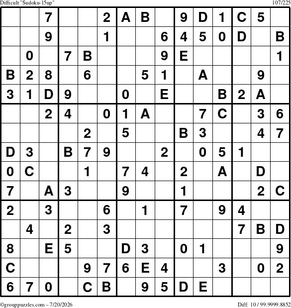 The grouppuzzles.com Difficult Sudoku-15up puzzle for Monday July 20, 2026
