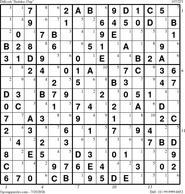 The grouppuzzles.com Difficult Sudoku-15up puzzle for Monday July 20, 2026, suitable for printing, with all 10 steps marked
