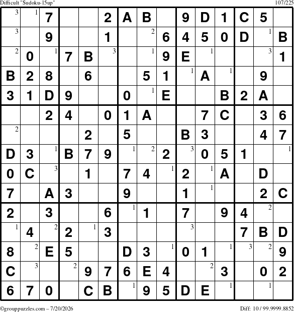 The grouppuzzles.com Difficult Sudoku-15up puzzle for Monday July 20, 2026 with the first 3 steps marked