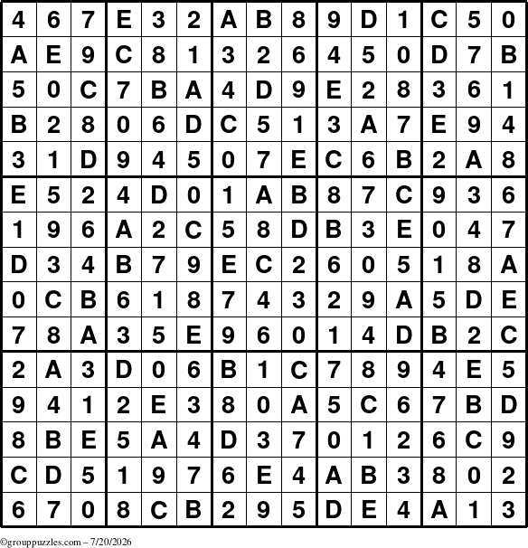 The grouppuzzles.com Answer grid for the Sudoku-15up puzzle for Monday July 20, 2026