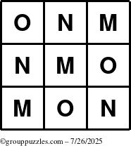 The grouppuzzles.com Answer grid for the TicTac-MNO puzzle for Saturday July 26, 2025