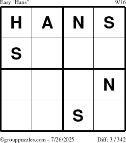 The grouppuzzles.com Easy Hans puzzle for Saturday July 26, 2025