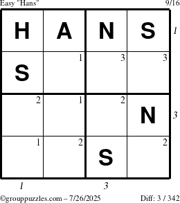 The grouppuzzles.com Easy Hans puzzle for Saturday July 26, 2025 with all 3 steps marked