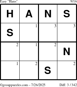 The grouppuzzles.com Easy Hans puzzle for Saturday July 26, 2025 with the first 3 steps marked