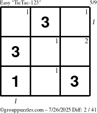 The grouppuzzles.com Easy TicTac-123 puzzle for Saturday July 26, 2025 with all 2 steps marked