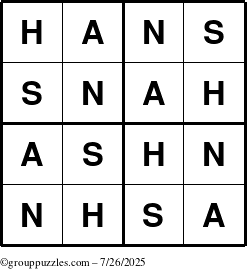 The grouppuzzles.com Answer grid for the Hans puzzle for Saturday July 26, 2025