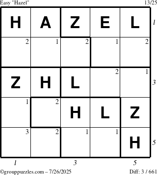 The grouppuzzles.com Easy Hazel puzzle for Saturday July 26, 2025 with all 3 steps marked