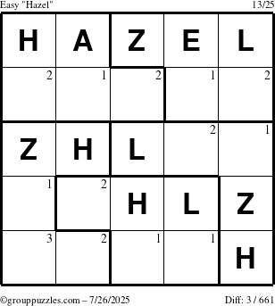 The grouppuzzles.com Easy Hazel puzzle for Saturday July 26, 2025 with the first 3 steps marked