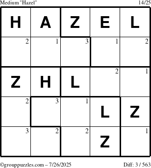 The grouppuzzles.com Medium Hazel puzzle for Saturday July 26, 2025 with the first 3 steps marked
