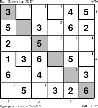 The grouppuzzles.com Easy Sudoku-6up-UR-D puzzle for Saturday July 26, 2025 with all 3 steps marked