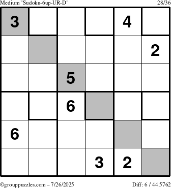 The grouppuzzles.com Medium Sudoku-6up-UR-D puzzle for Saturday July 26, 2025