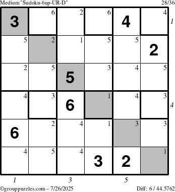 The grouppuzzles.com Medium Sudoku-6up-UR-D puzzle for Saturday July 26, 2025 with all 6 steps marked