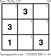 The grouppuzzles.com Easy TicTac-123 puzzle for Saturday July 26, 2025 with the first 2 steps marked