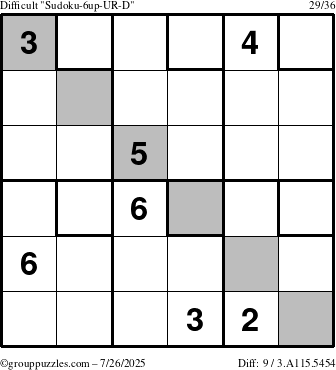 The grouppuzzles.com Difficult Sudoku-6up-UR-D puzzle for Saturday July 26, 2025